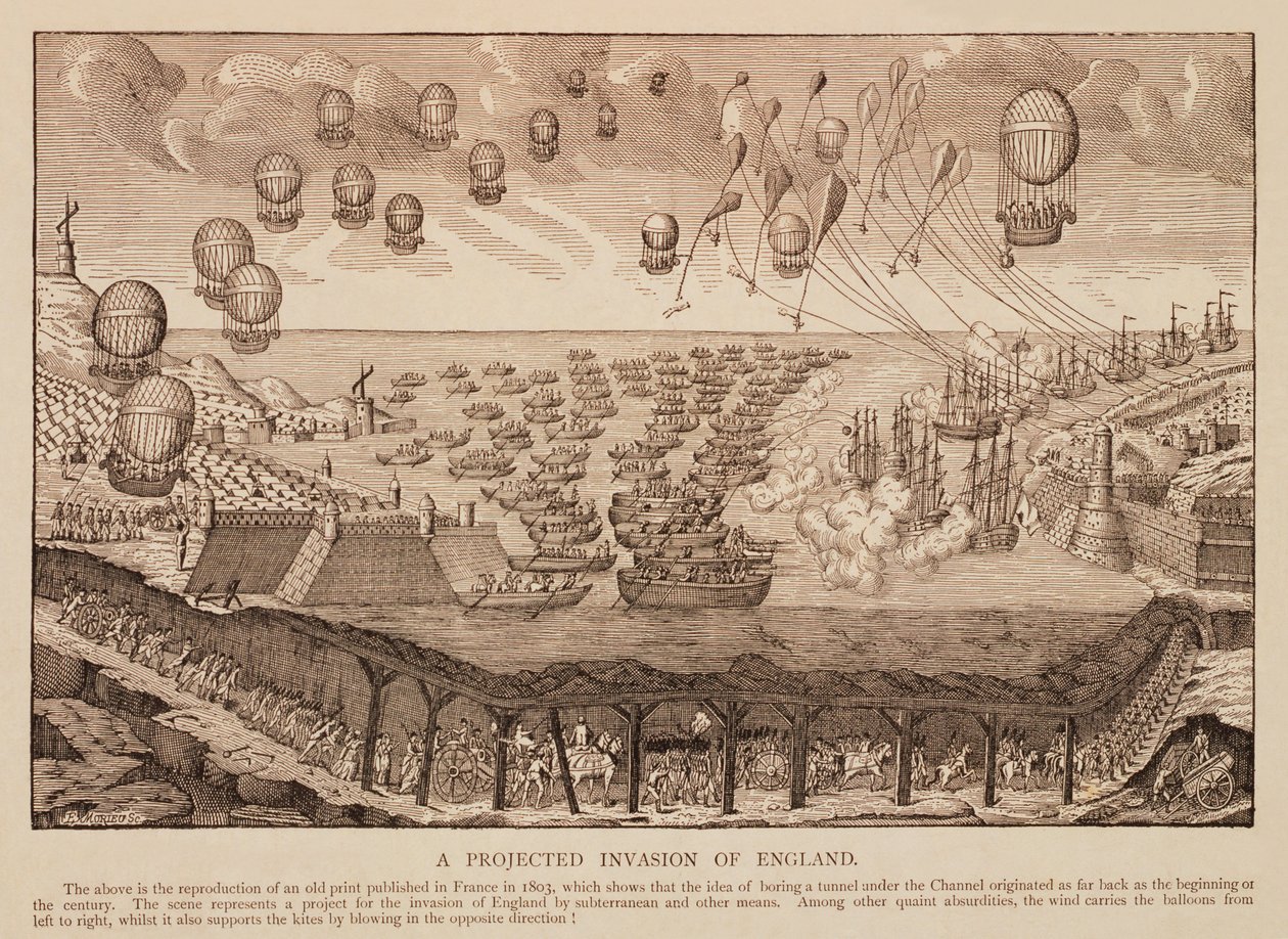 Una invasión proyectada de Inglaterra, reproducción de una impresión francesa de 1803 de French School