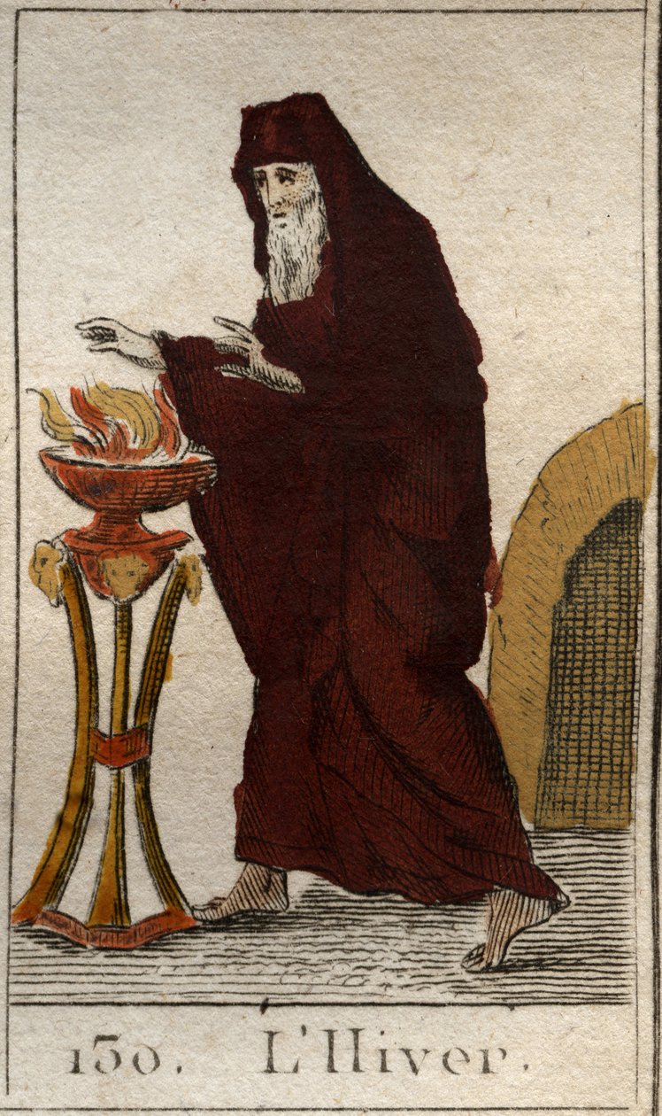 Representación de la estación de invierno como un anciano calentándose junto al fuego. De "Mitología de la Juventud" de Pierre Blanchard 1803. de French School