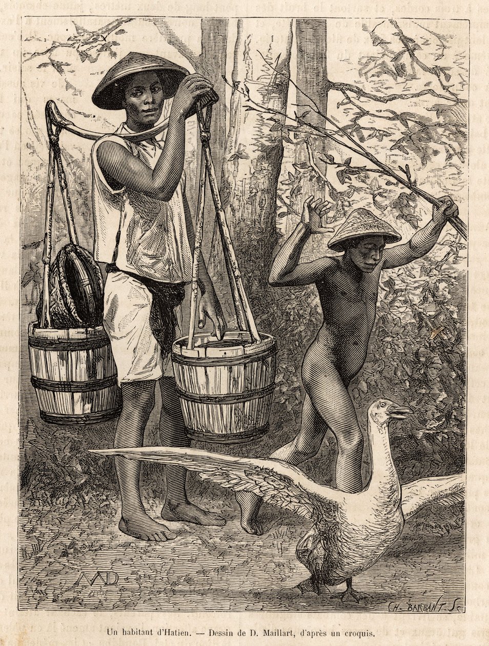 Un residente de Hatien (Vietnam) llevando cubos y una cesta y un niño cazando un ganso con un palo, grabado según un dibujo de Robin ilustrando el viaje a Cochinchina, por el Doctor Morice, en 1872, publicado en 