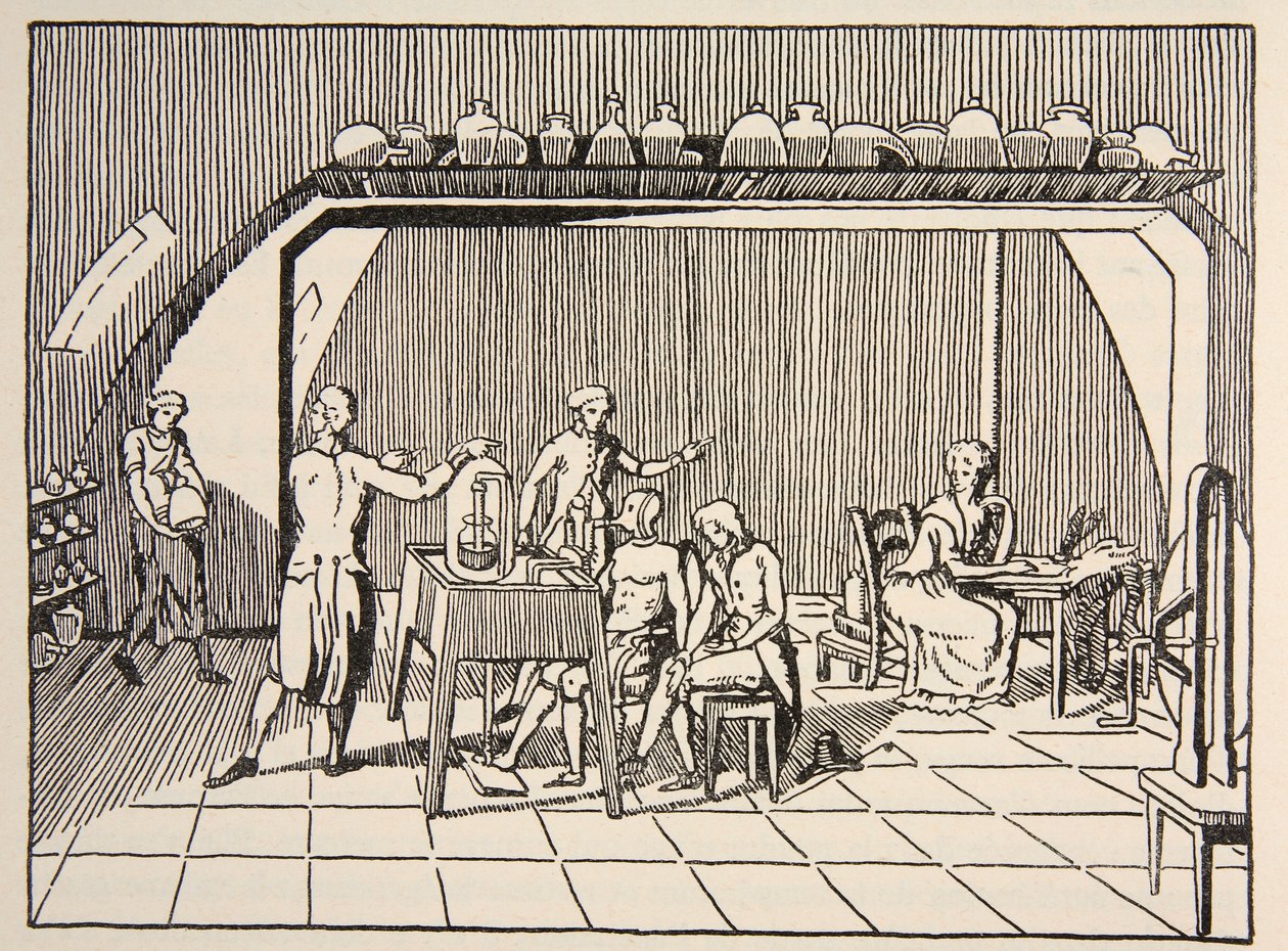 Un experimento de respiración en el laboratorio de Lavoisier, copia de Boris Mestchersky (d.1957) ilustración de Histoire de la Nation Francaise, Sciences, Volúmenes I y II, por Gabriel Hanotaux (1853-1944) de French School