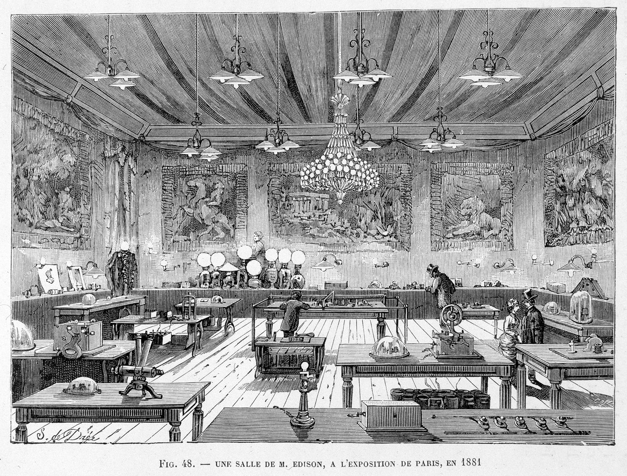 Una habitación por el Sr. Edison en la exposición de París en 1881 - en "Las nuevas conquistas de la ciencia" por Louis Figuier de French School