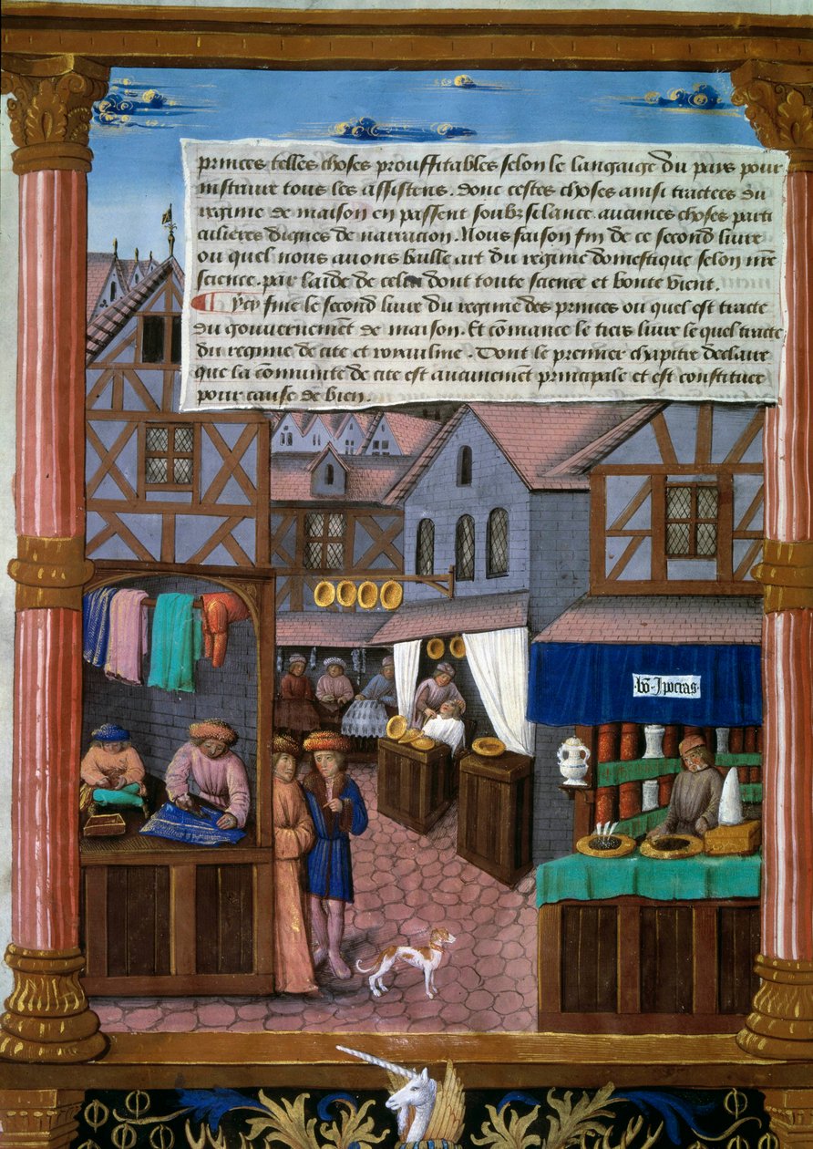 Una calle de París con tiendas al comienzo del siglo XVI. Página de manuscrito tomada de 
