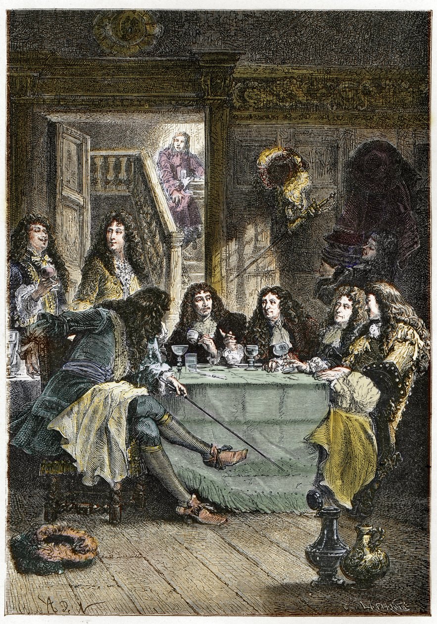 Un salón (Cabaret) reuniendo a los escritores franceses Jean de La Fontaine (1621-1695), Nicolas Boileau-Despréaux (1636-1711), el dramaturgo Jean Baptiste Poquelin, llamado Molière (1622-1673), y el poeta Jean Racine (1639-1699) de French School