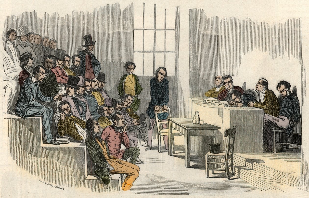 Una sesión del concurso de agregación en la Sorbona en París en el siglo XIX - Grabado en "Tableau-de-Paris" por Edmond Texier 1852 de French School
