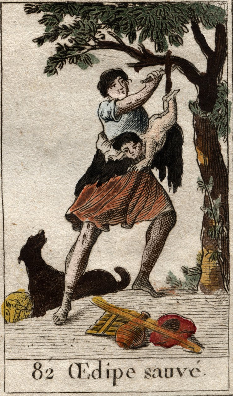 Un pastor salva a Edipo cuando era niño, abandonado por sus padres debido a la presión del oráculo de la Pitia. De “Mitología de la Juventud” por Pierre Blanchard 1803. de French School