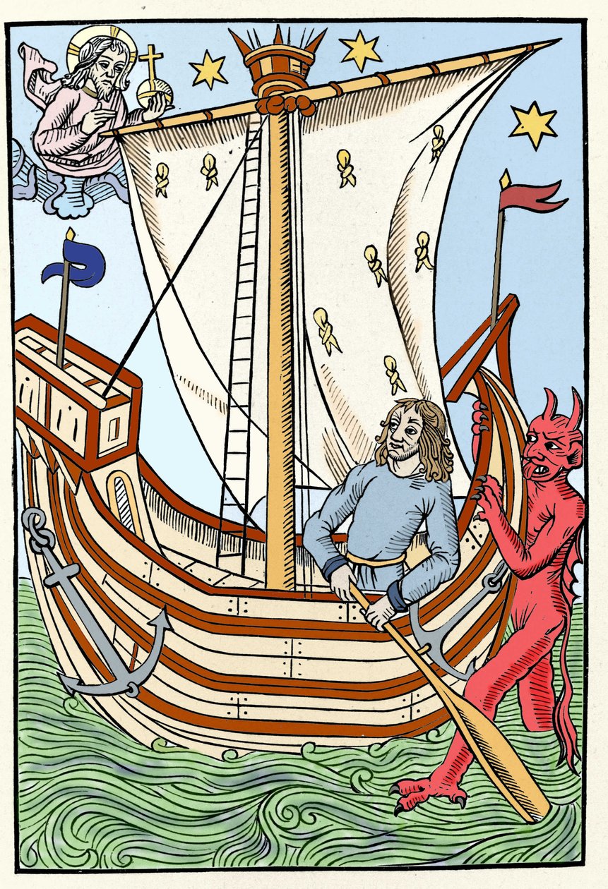 Un barco entre los peligros del mar. Un demonio se apodera de la proa mientras Dios se manifiesta a la izquierda. Grabado del "Gran calendario y compostela de los pastores", Troyes 1491 de French School