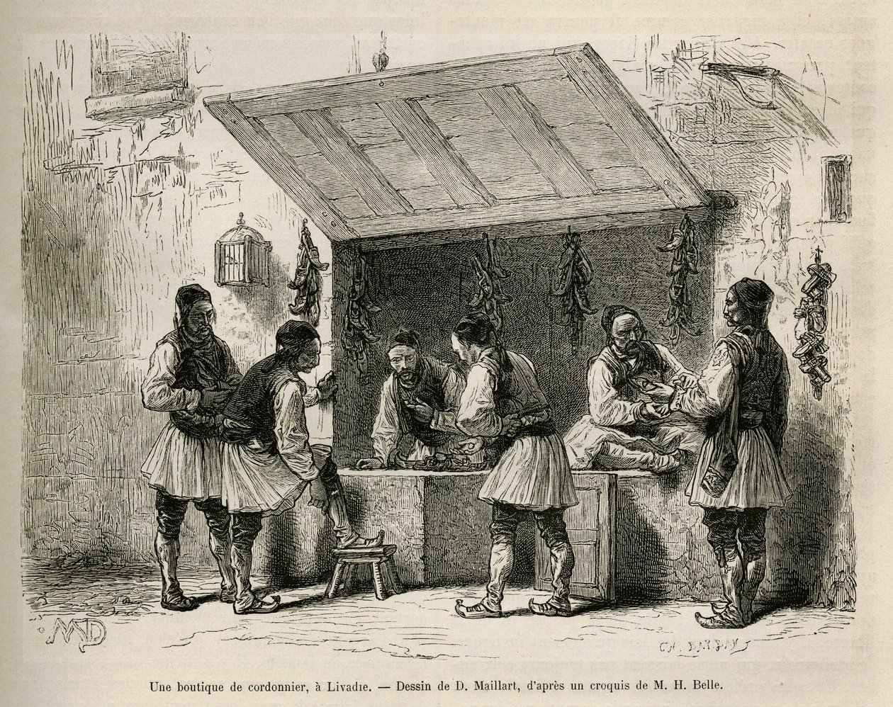 Una zapatería y su clientela, en Livadie, dibujo de D. Maillard, para ilustrar la historia de Henri Belle: Voyage en Grèce de French School