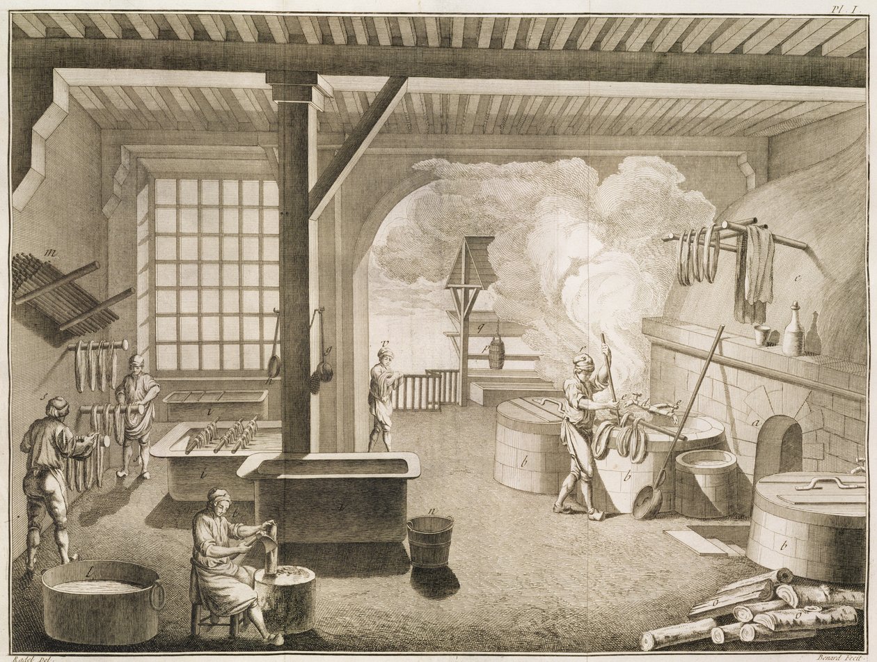 Taller de un tintorero de seda, de la Encyclopedie des Sciences et Metiers de Denis Diderot (1713-84) publicada c.1770 de French School