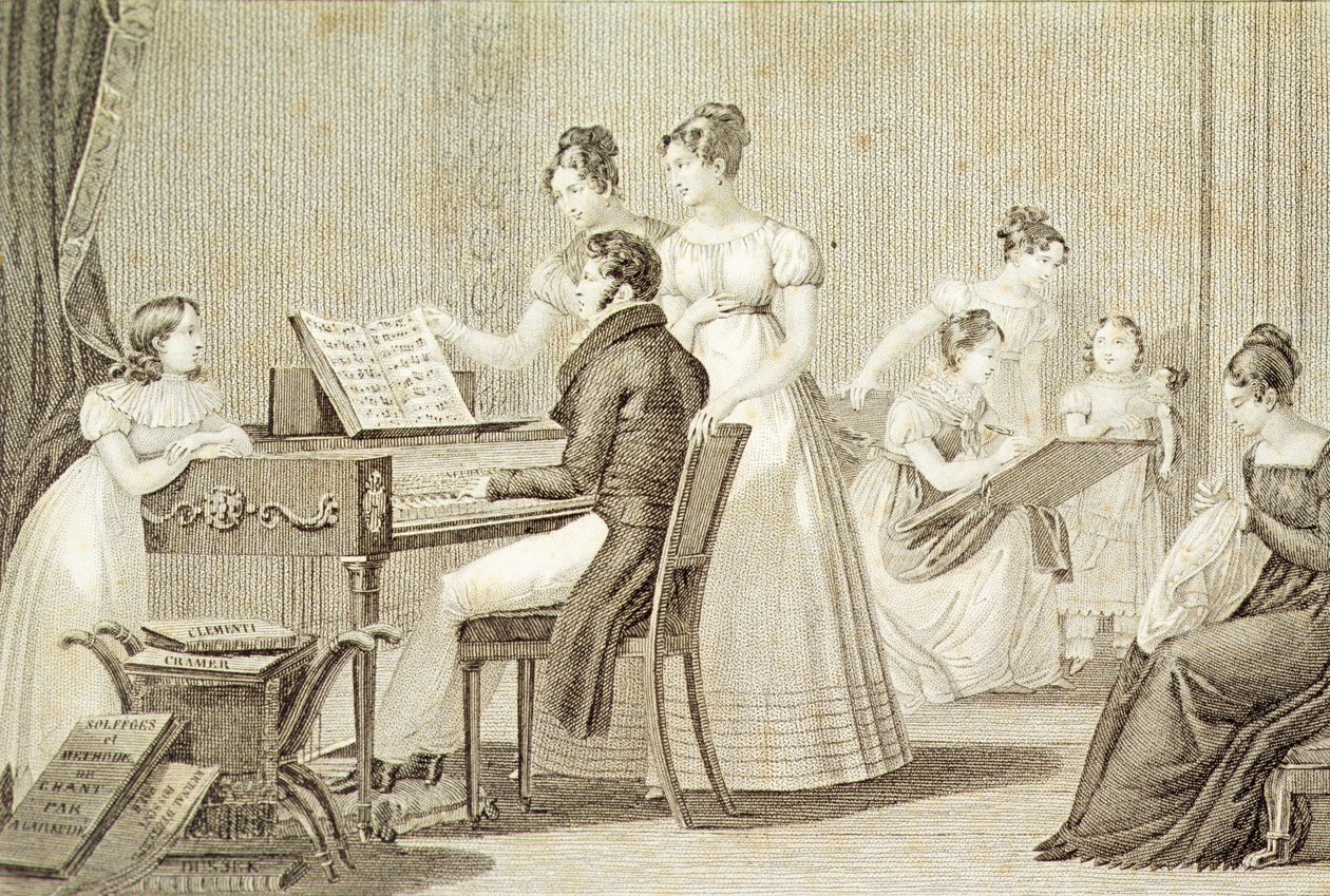Una lección de canto para señoritas (grabado) de French School