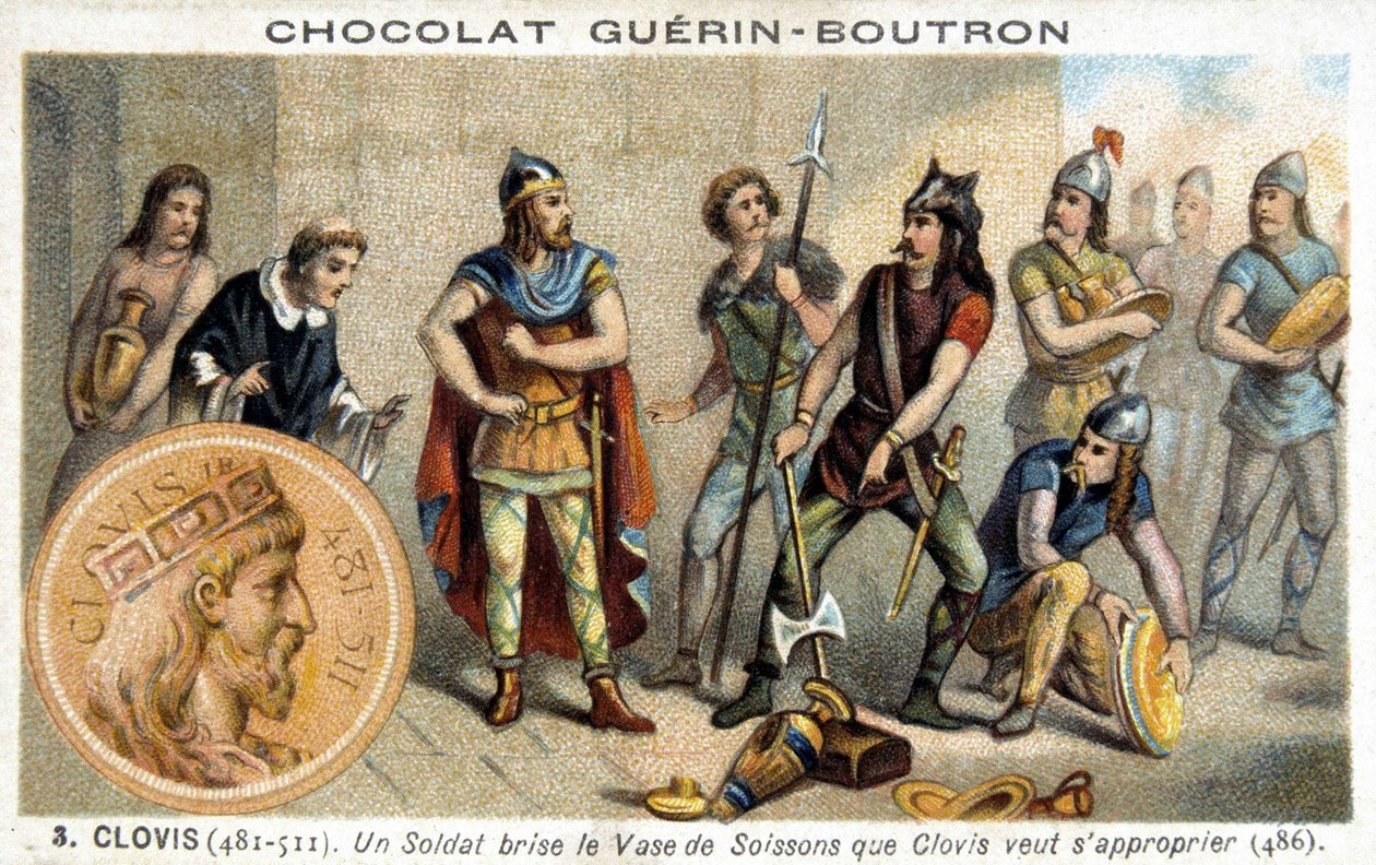 Un soldado rompe el jarrón de Soissons que Clovis quiere poseer, 486 de French School