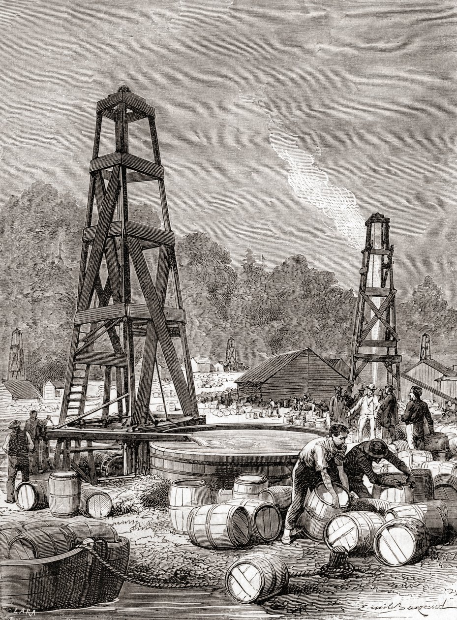 Una fuente de petróleo en Oil Creek en el río Allegheny, Pensilvania, EE.UU. en 1858, descubierta por Edwin Laurentine Drake, también conocido como Coronel Drake, de 