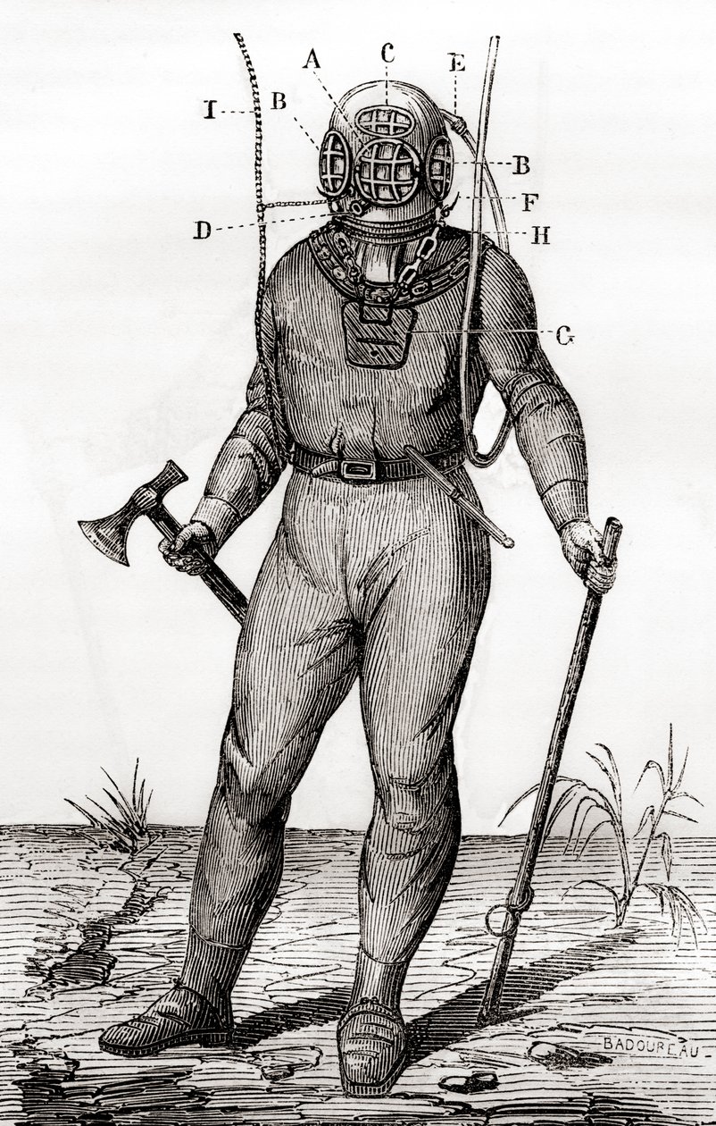 Un traje de buceo estándar patentado por Joseph-Martin Cabirol en 1855, de 