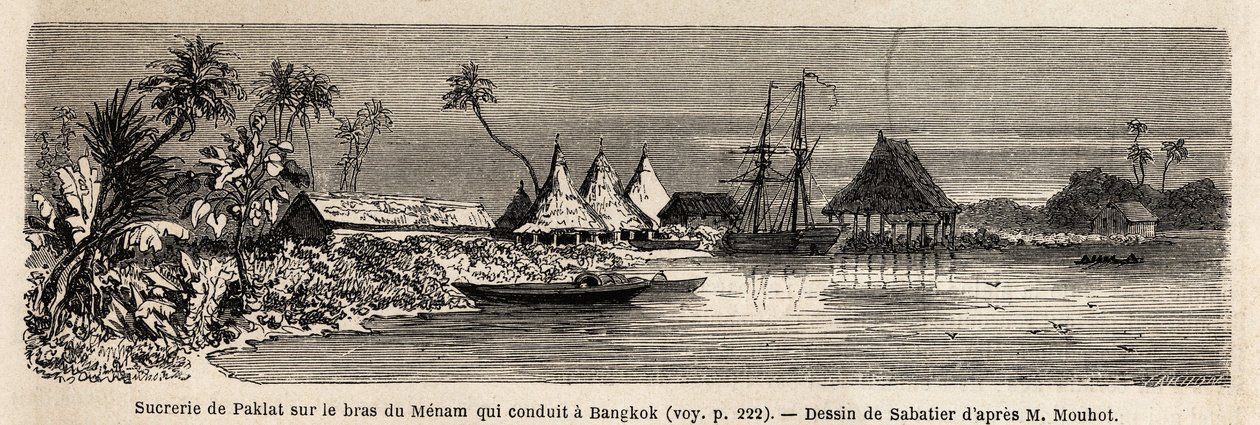 Una fábrica de azúcar de Paklat, en el brazo del Menam, el río principal de Tailandia, dibujo de Sabatier, para ilustrar el viaje de Henri Mouhot a los reinos de Siam, Camboya y Laos de 1858 a 1861. Grabado en “Le tour du monde”, editado por Edouard Charto de French School