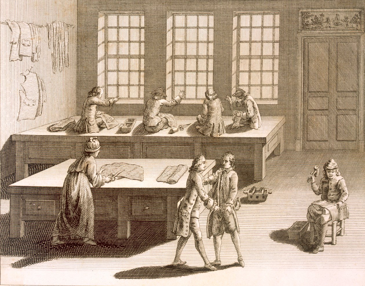 Taller de un sastre, de la Encyclopedie des Sciences et Metiers de Denis Diderot (1713-84) publicada c.1770 de French School