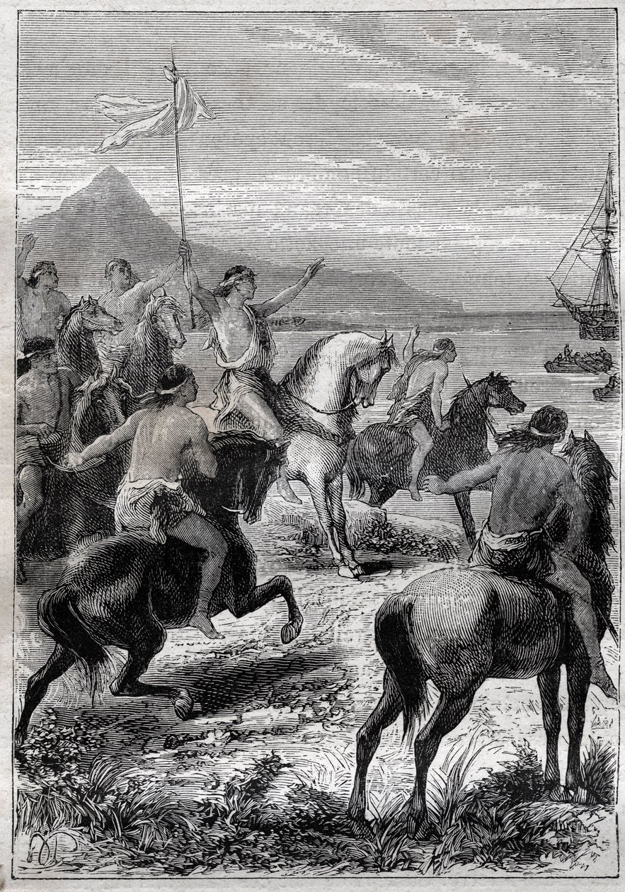 Una tropa de hombres a caballo con una bandera blanca: el vicealmirante John Byron recibido por los nativos del Cabo de los Vírgenes, en la boca oriental del Estrecho de Magallanes en 1764 - ilustración de “Los Grandes Marineros del siglo XVIII” de French School