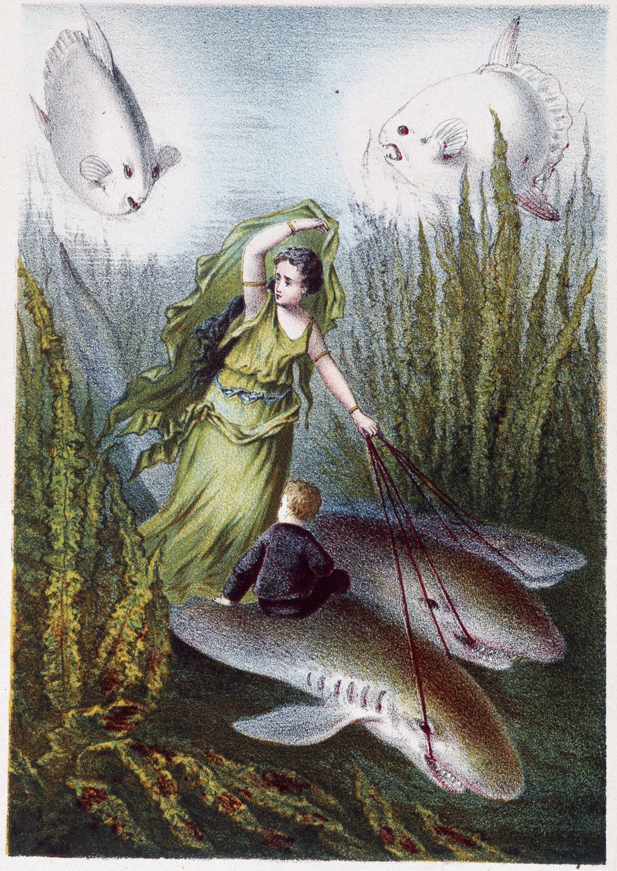 Una mujer y un niño huyendo de peces gigantes sobre tiburones - en "Viaje al fondo del mar" de H. de la Blanchère. París, ed. Jouvet et Cie, sd. 1880. (doble 02944) de French School