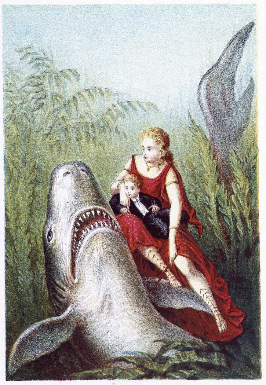 Una mujer y un niño montando un tiburón - en “Viaje al fondo del mar” de H. de la Blanchère. París, ed. Jouvet et Cie, s.f. 1880 de French School