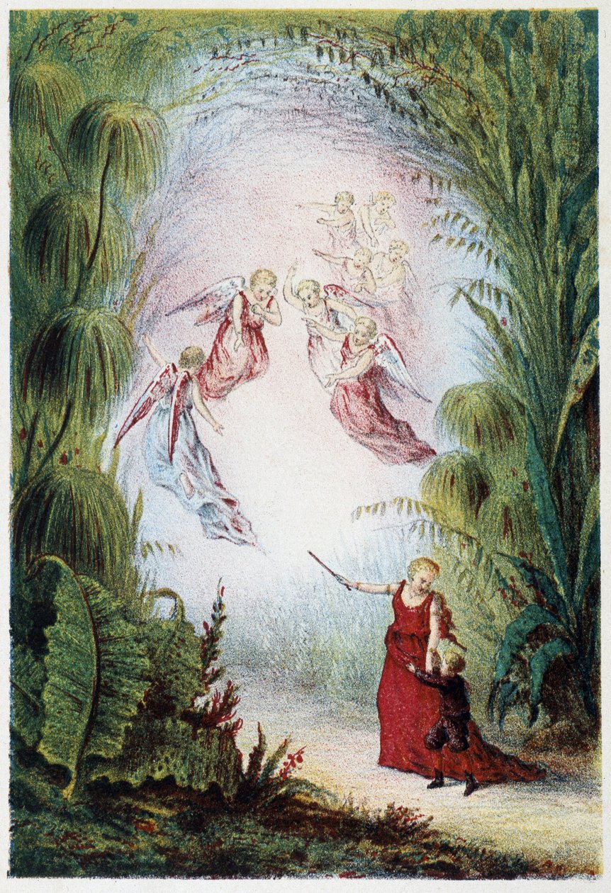 Una mujer y ángeles mostrando el camino a un niño - en “Viaje al fondo del mar” de H. de la Blanchère. París, ed. Jouvet et Cie, sd. 1880 de French School