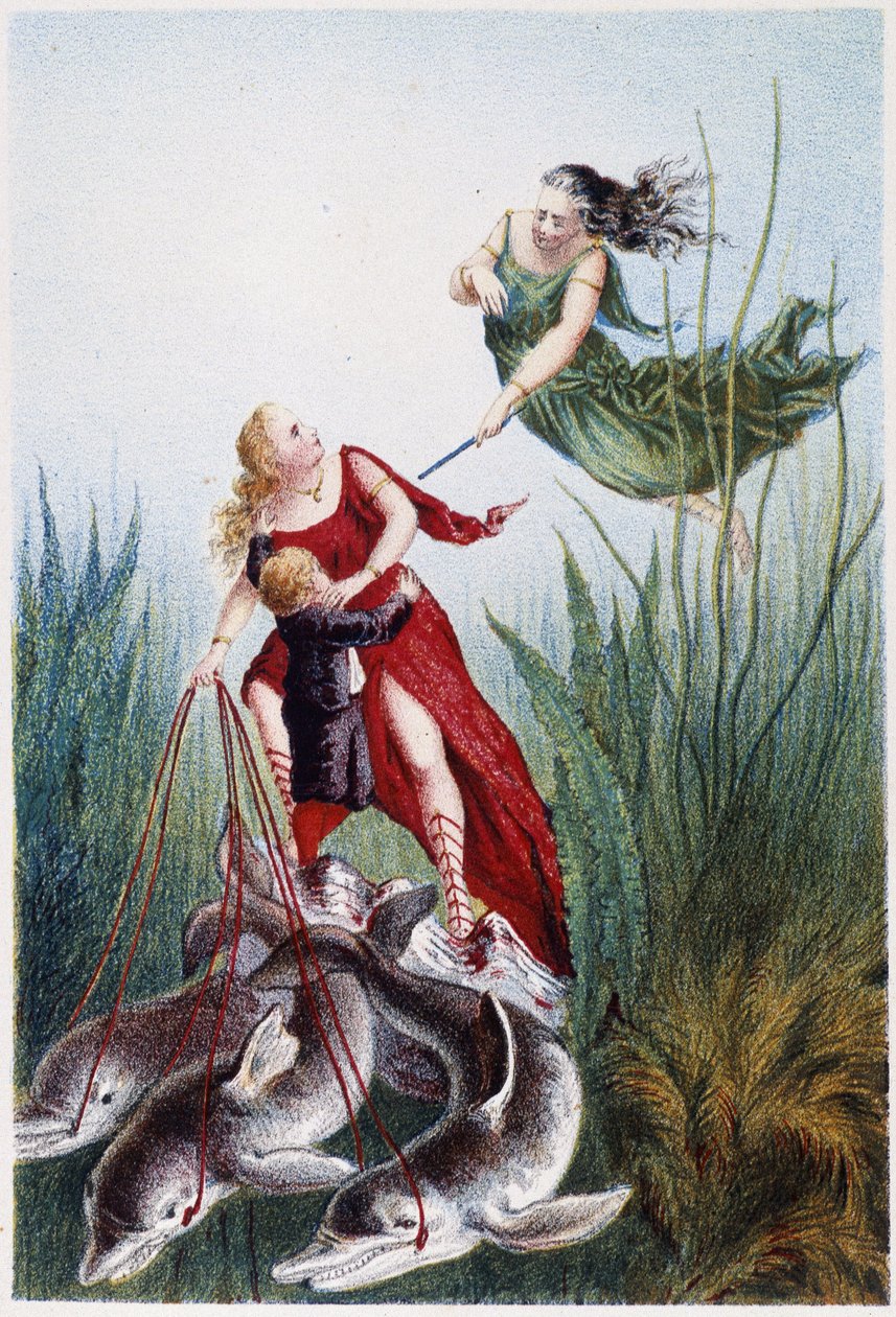 Una mujer ataca a otra mujer y un niño es conducido por delfines - en "Viaje al fondo del mar" de H. de la Blanchère. París, ed. Jouvet et Cie, sd. 1880. (doble 02947) de French School