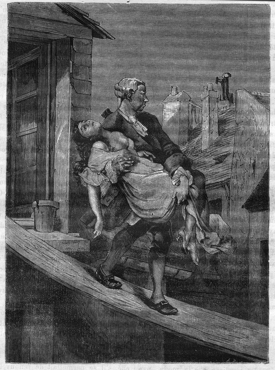 Una joven es llevada para los placeres del Rey Luis XV en el Parque de los Ciervos. Grabado en “La historia de la prostitución y la depravación entre todos los pueblos del mundo desde la antigüedad hasta el presente” por el Dr. Th. -F. Debray. 1879. de French School