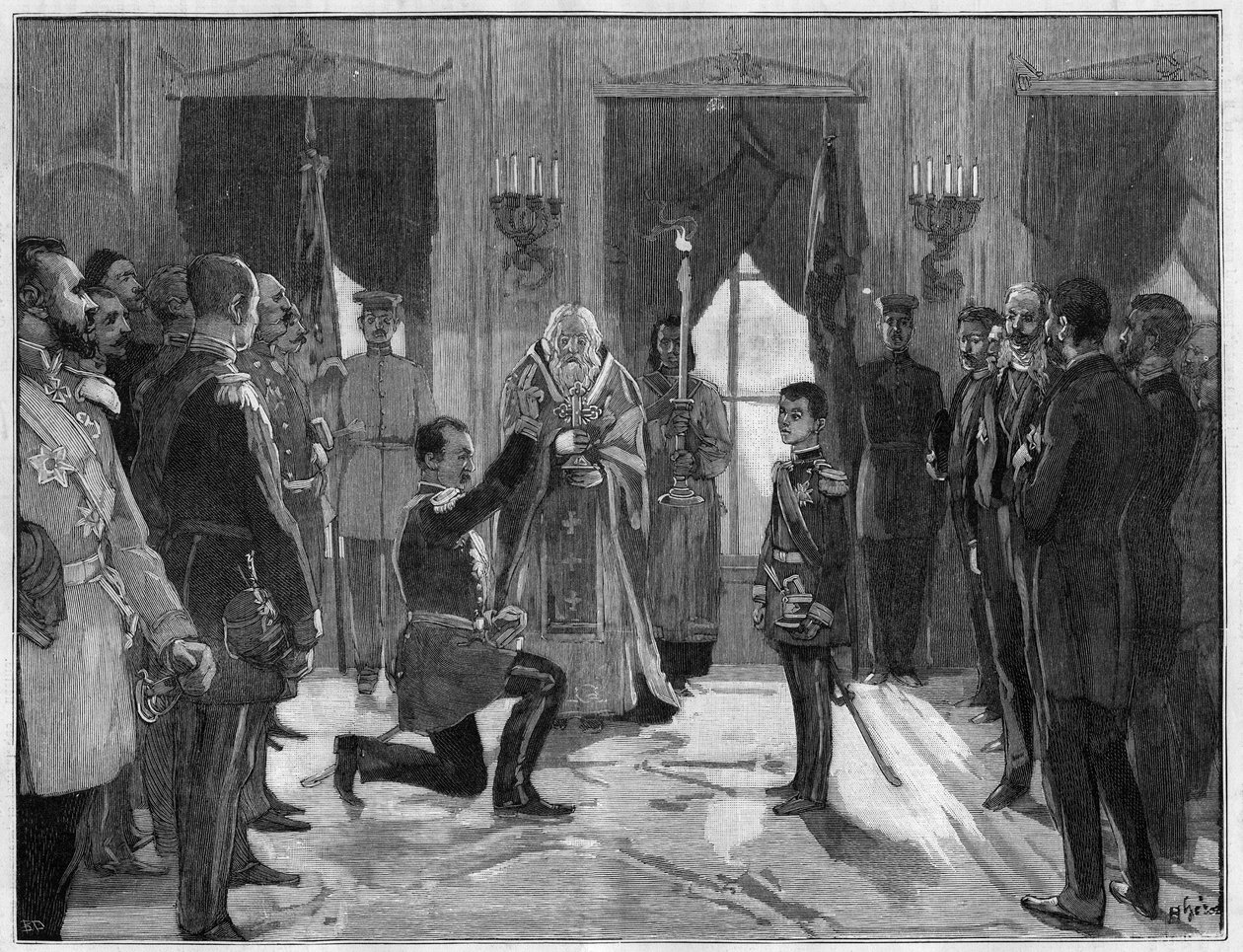 Abdicación del Rey Milán I de Serbia (1854-1901), 7 de marzo de 1889: el ex rey presta juramento de obediencia y fidelidad a su hijo, Alejandro I de Serbia (1876-1903), para quien acaba de abdicar. Grabado en 
