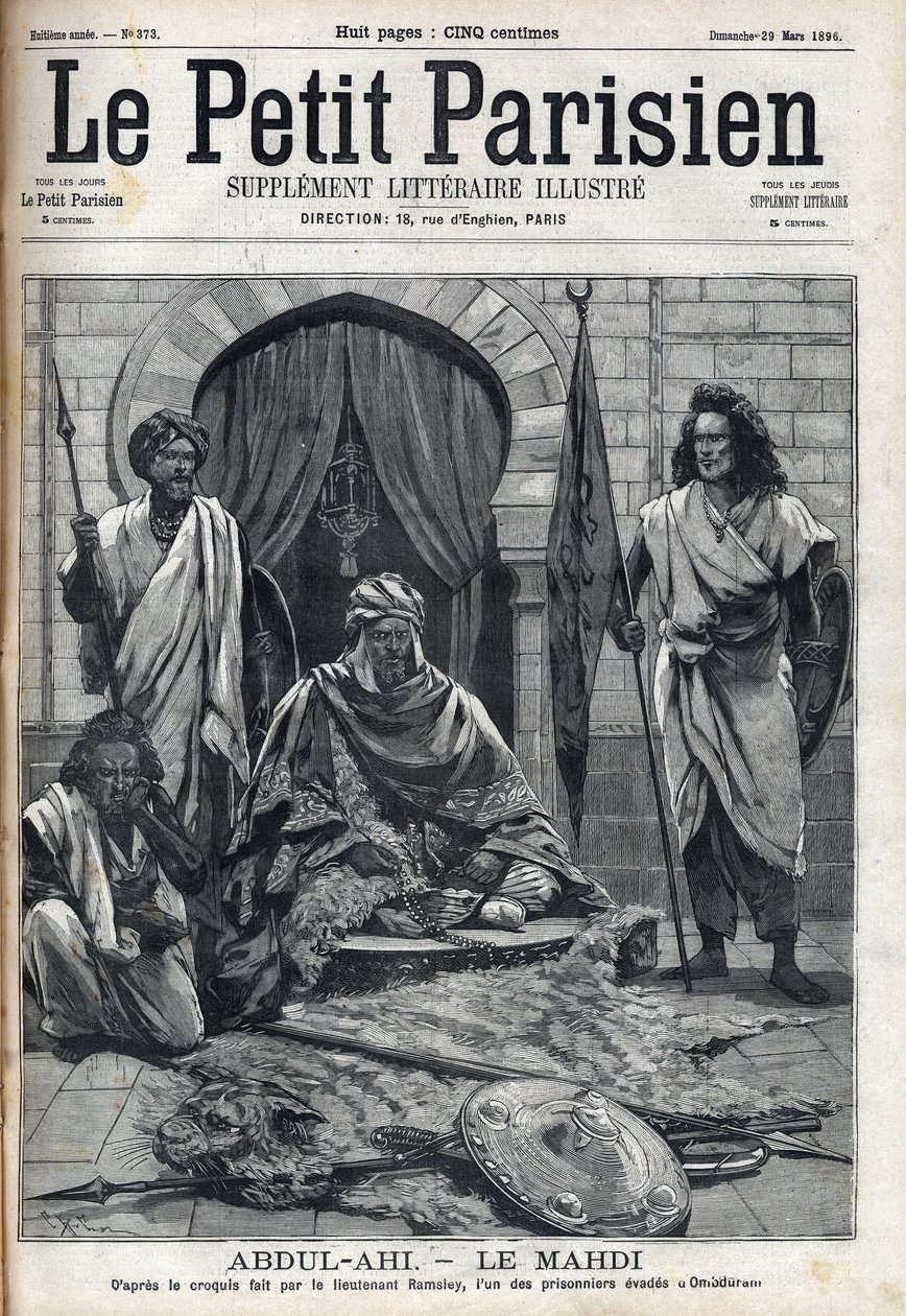 Palacio Abdul-Ahi en Ombduram a orillas del Nilo en Mahdi. Grabado en "Le Petit Parisien". de French School