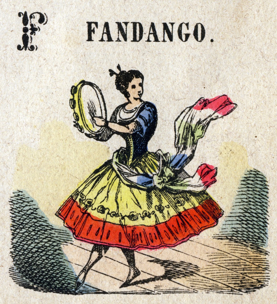 Abecedario. Letra F como Fandango. Pequeño alfabeto enciclopédico, serie popular. Imagen de Epinal, finales del siglo XIX de French School