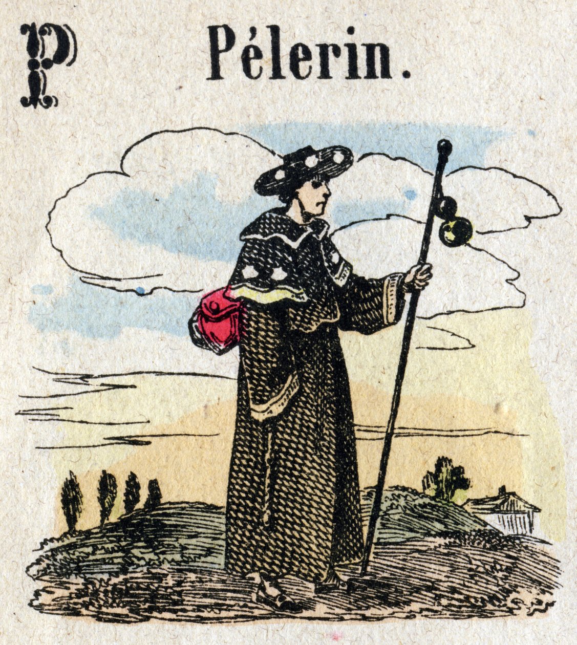 Abecedario. Letra P como Peregrino. Pequeño alfabeto enciclopédico, serie popular. Imagen de Epinal, finales del siglo XIX de French School