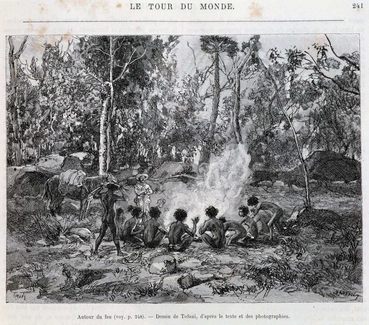 Aborígenes bajo la supervisión de un colono, alrededor del fuego - en "Tour du Monde" de French School