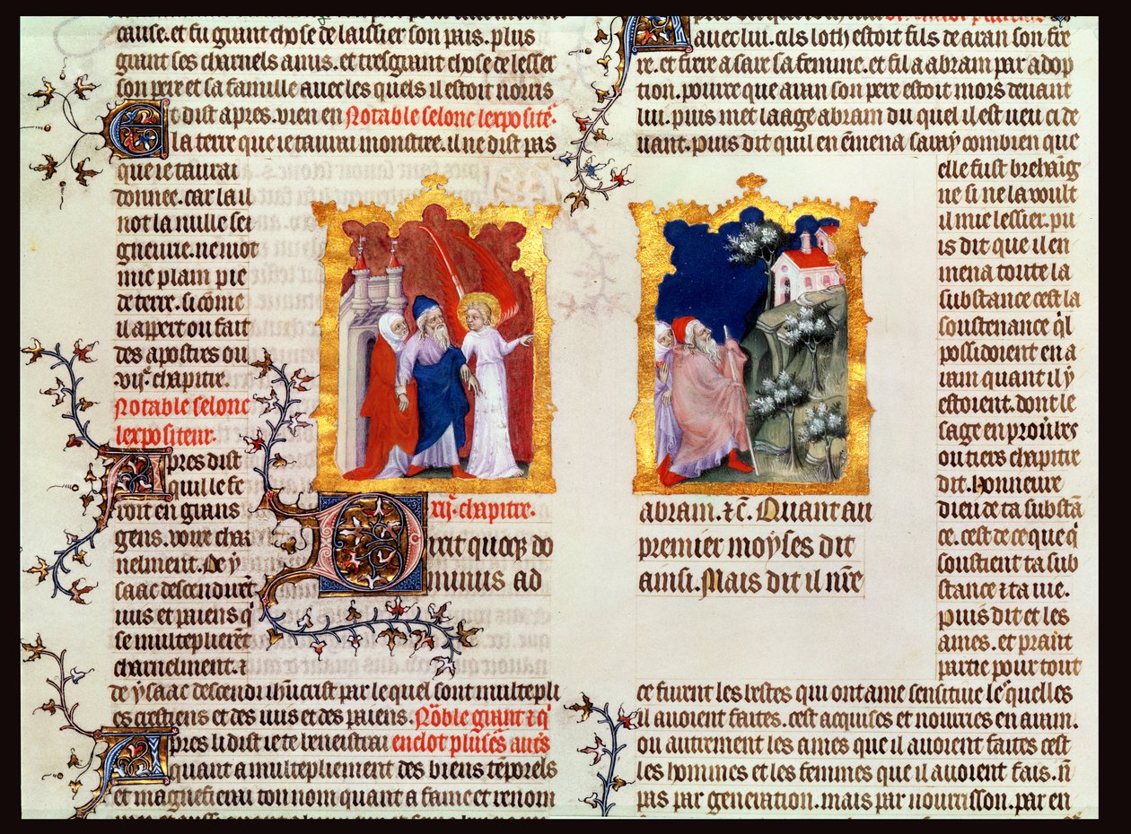 Abraham y Sara dejan Ur de los Caldeos hacia Canaán, de La Biblia de Jean de Sy, c.1355 de French School