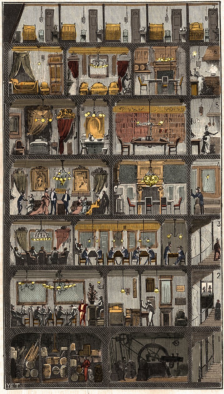 Alojamiento en París - Sección transversal de una casa parisina en 1885 - Sección transversal de una casa en París en 1885. en “La Nature. Revue des sciences et de leurs applications aux arts et à l