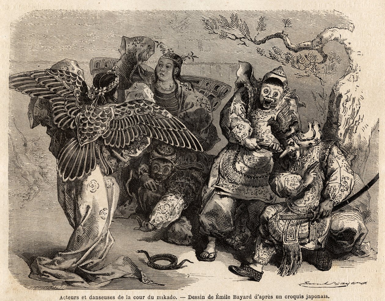 Actores y bailarines de la corte del Mikado en traje de escena. Grabado para ilustrar el viaje a Japón en 1863-1864, por Aime Humbert, ministro de la Confederación Helvética, en "Le tour du monde, nouveau journal des voyages", publicado bajo la dirección d de French School