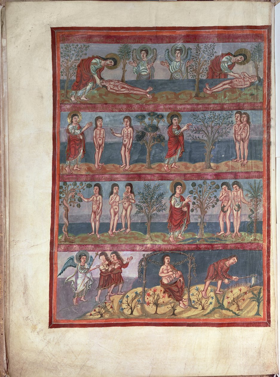 Add.10546 f.5v Adán y Eva, de la Biblia Moutier-Grandval, iluminados en la Abadía carolingia de San Martín, Tours, latín, c.834-843 (vitela) de French School