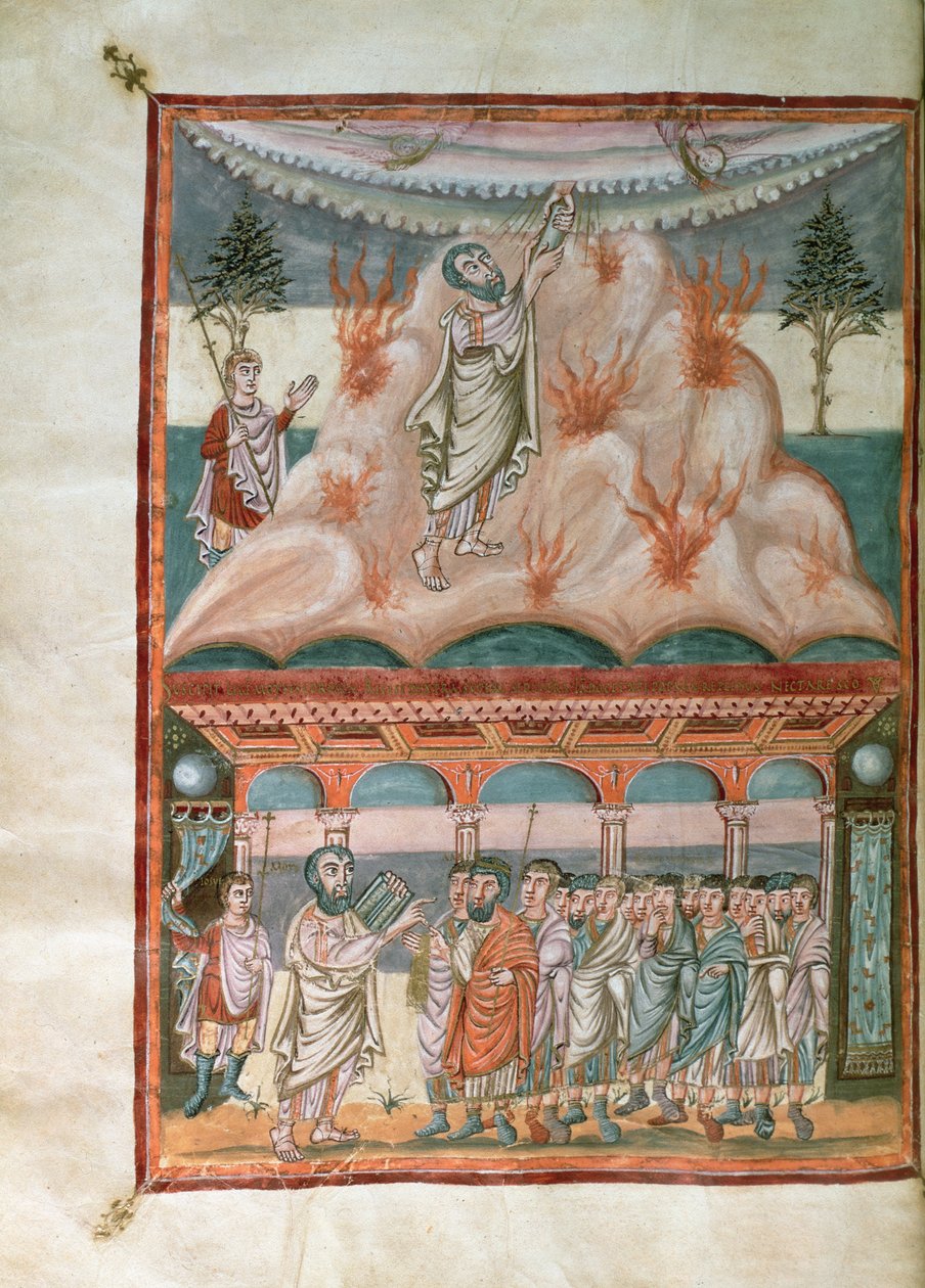 Añadir 10546 f.25b Moisés recibiendo y transmitiendo la Ley de Dios en el Monte Sinaí, de la Biblia de Moutier-Grandval, iluminada en la Abadía carolingia de San Martín, Tours, c.834-843 (vitela) de French School