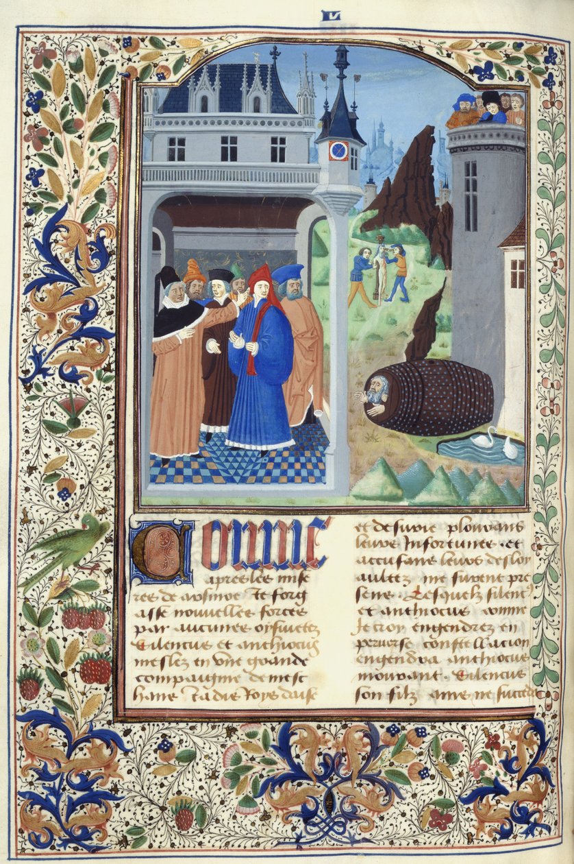 Añadir. 11696, f.136v Boccaccio observando la tortura, de "Le Livre des Cas des Nobles et Illustres Hommes" de Giovanni Boccaccio, c.1470 (tinta, color y oro sobre vitela) de French School