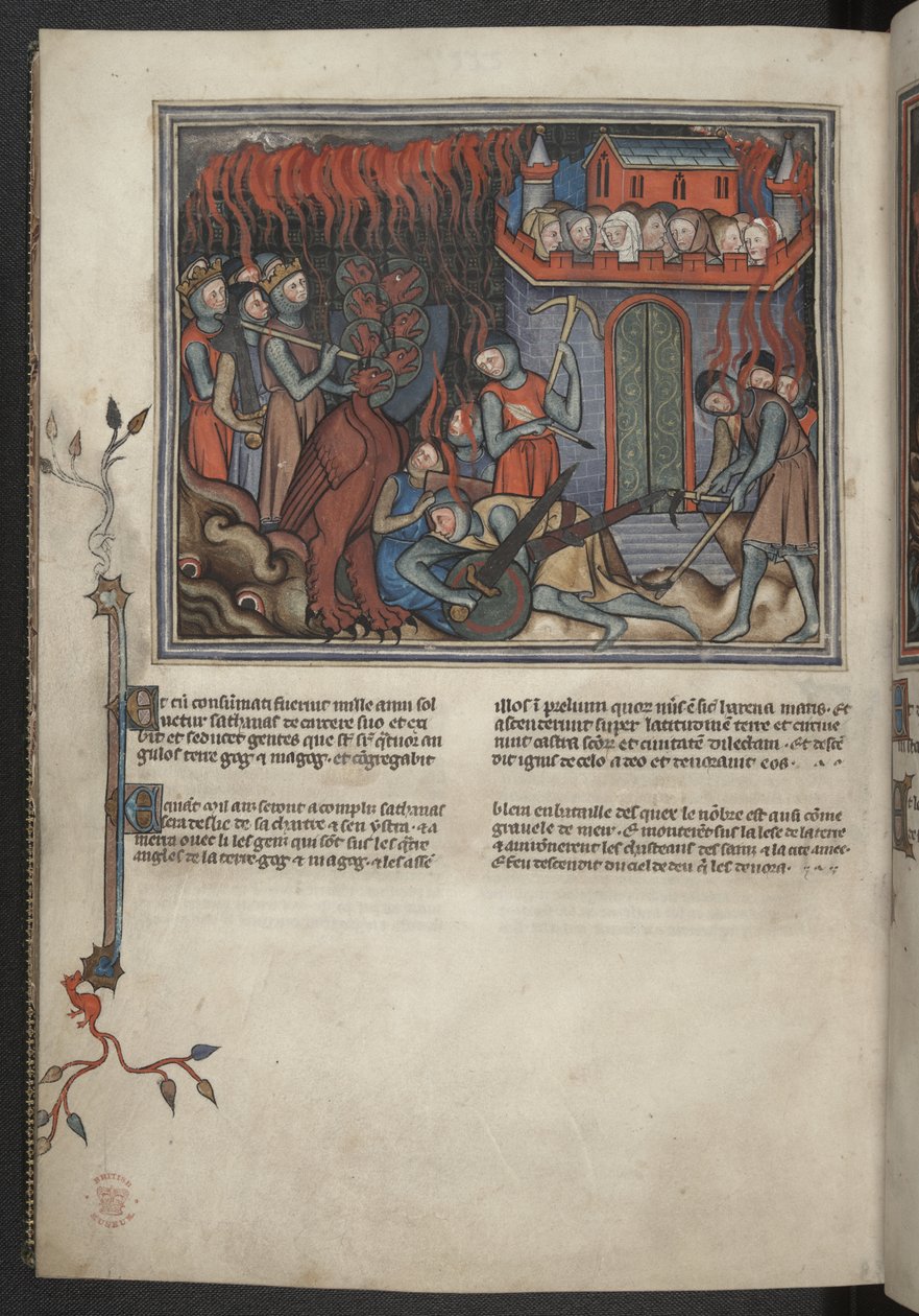 Añadir 17333, f.42v, Miniatura de los ejércitos del Cielo luchando contra el dragón (Apocalipsis XIX:19-20), de Apocalipsis (el 