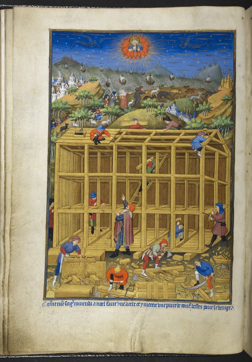 Añadir Ms 18850 f.15v, La construcción del Arca de Noé, del Libro de Horas (Las Horas de Bedford) c.1410-30 (tinta, color y oro sobre vitela) de French School