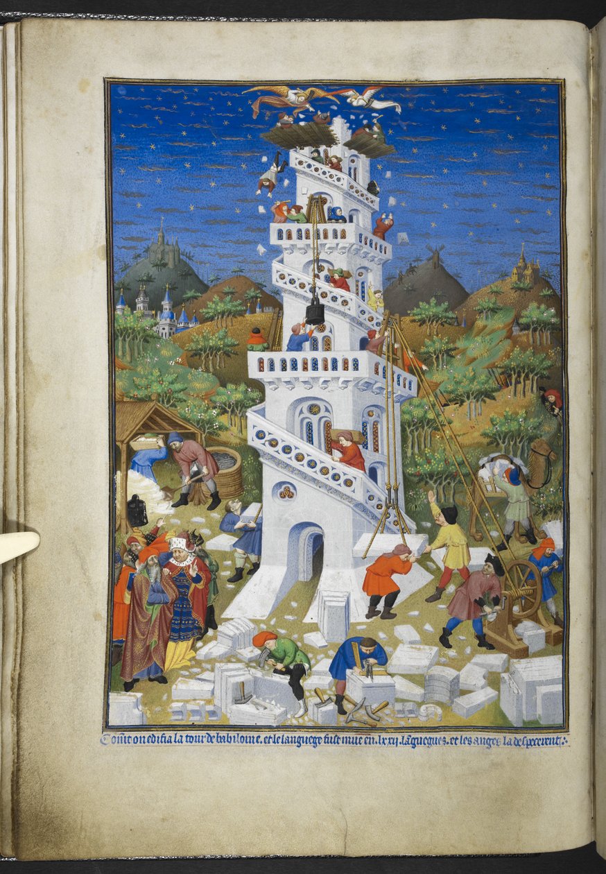 Add Ms 18850 f.17v Building of the Tower of Babel, from Book of Hours (The Bedford Hours) c.1410-30 (tinta, color y oro sobre vitela) de French School