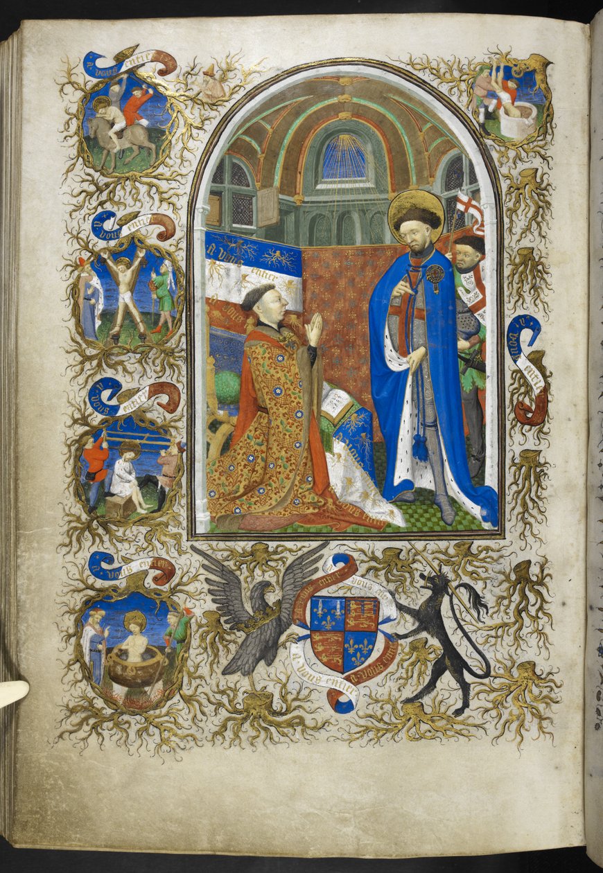 Añadir Ms 18850 f.256v, Duke of Bedford before St George, from Book of Hours (The Bedford Hours) c.1410-30 (tinta, color y oro sobre vitela) de French School