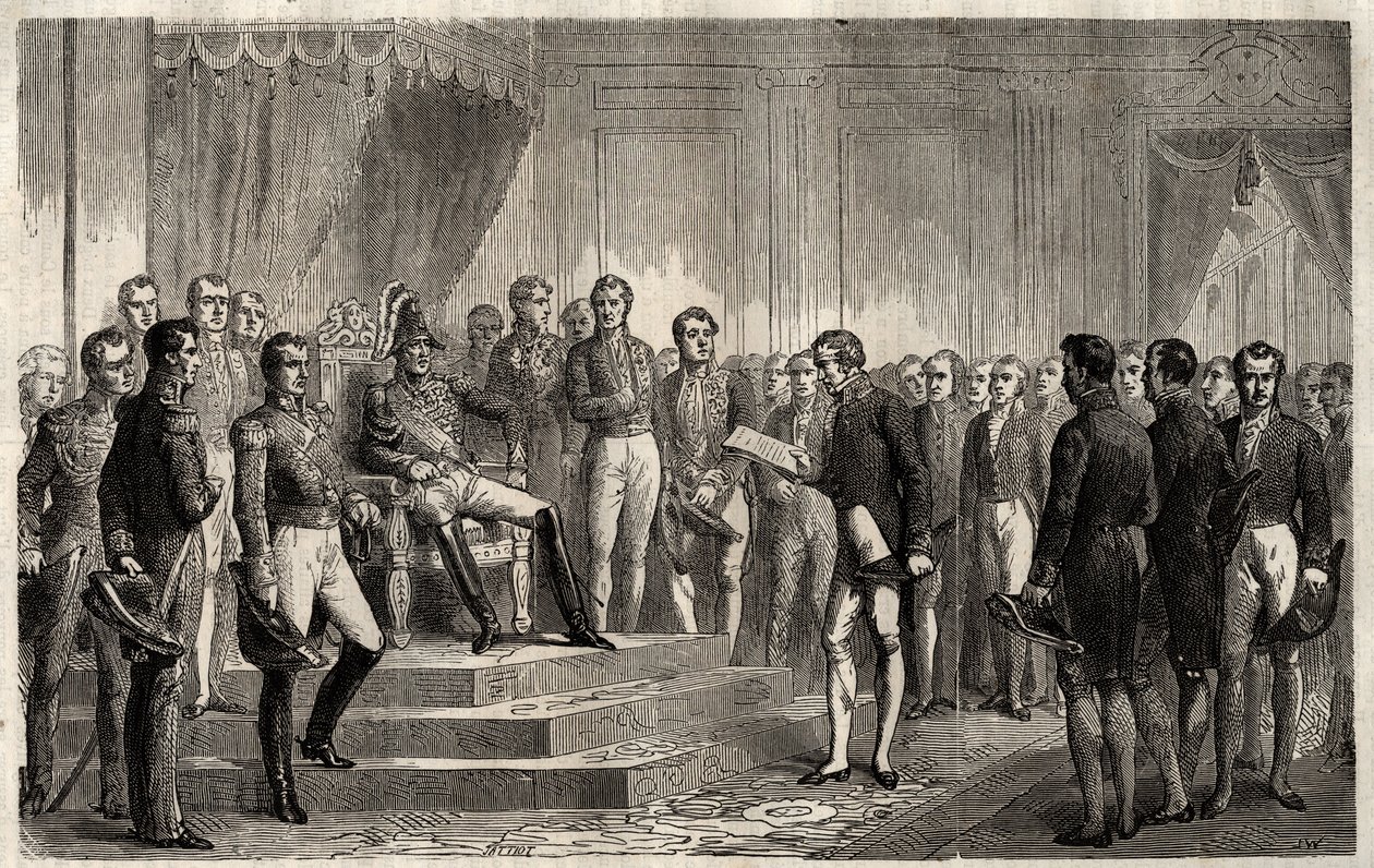 Discurso de los 221 - El estadista liberal Roy-Collard presenta el Discurso de los 221 - Pierre Paul Royer-Collard leyendo al rey francés Carlos X el discurso de los 221 para protestar contra el Gobierno en 1830 de French School