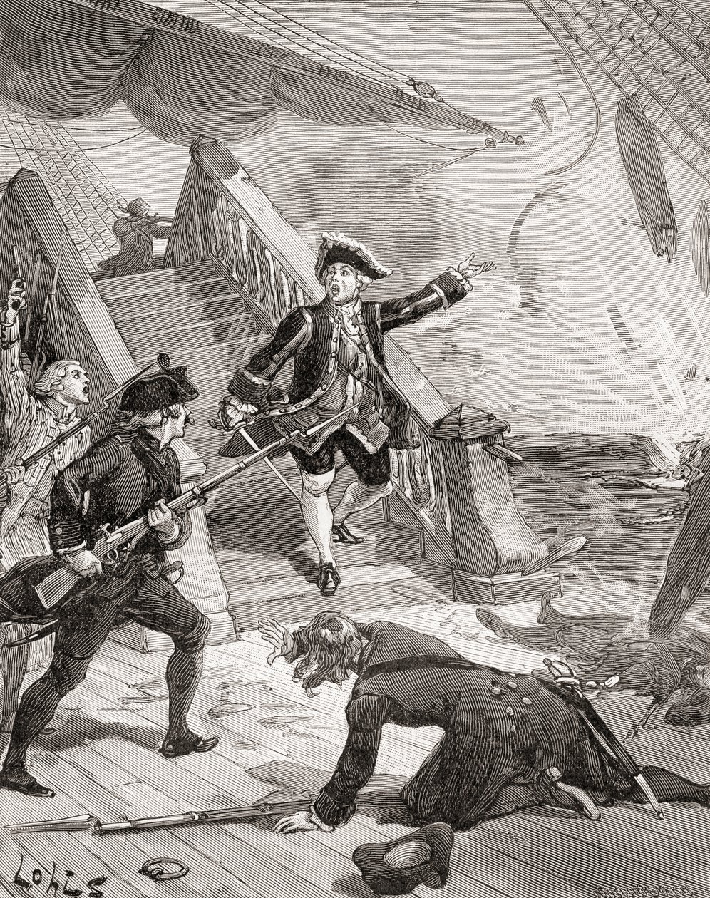 El almirante Suffren en el océano Índico durante su campaña contra los ingleses en el siglo XVIII, de "Histoire de France", publicado hacia 1880 (grabado). de French School