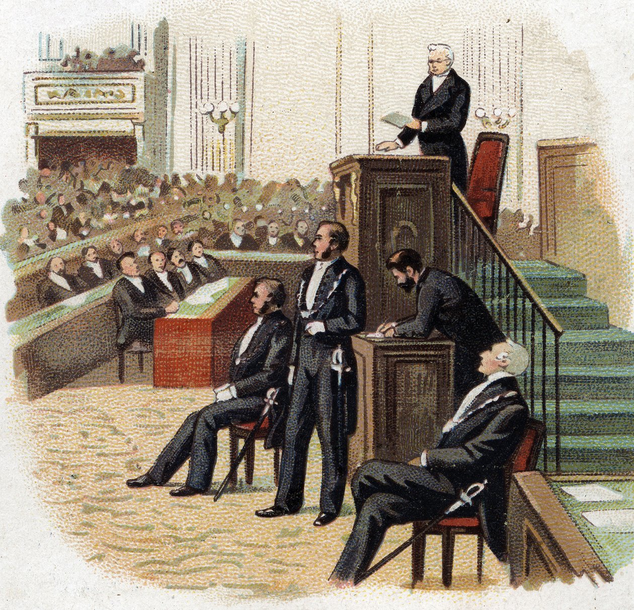 Adolphe Thiers (1797-1877), Presidente de la República en el podio de la Asamblea Nacional en 1872 - Cromolitografía de principios del siglo XX de French School