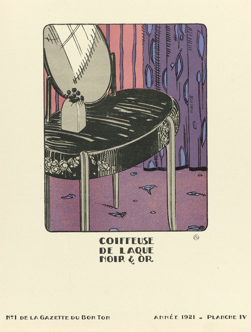 Anuncio de "Coiffeuse de Laque Noir  Or", pub.1921 (estarcido) de French School