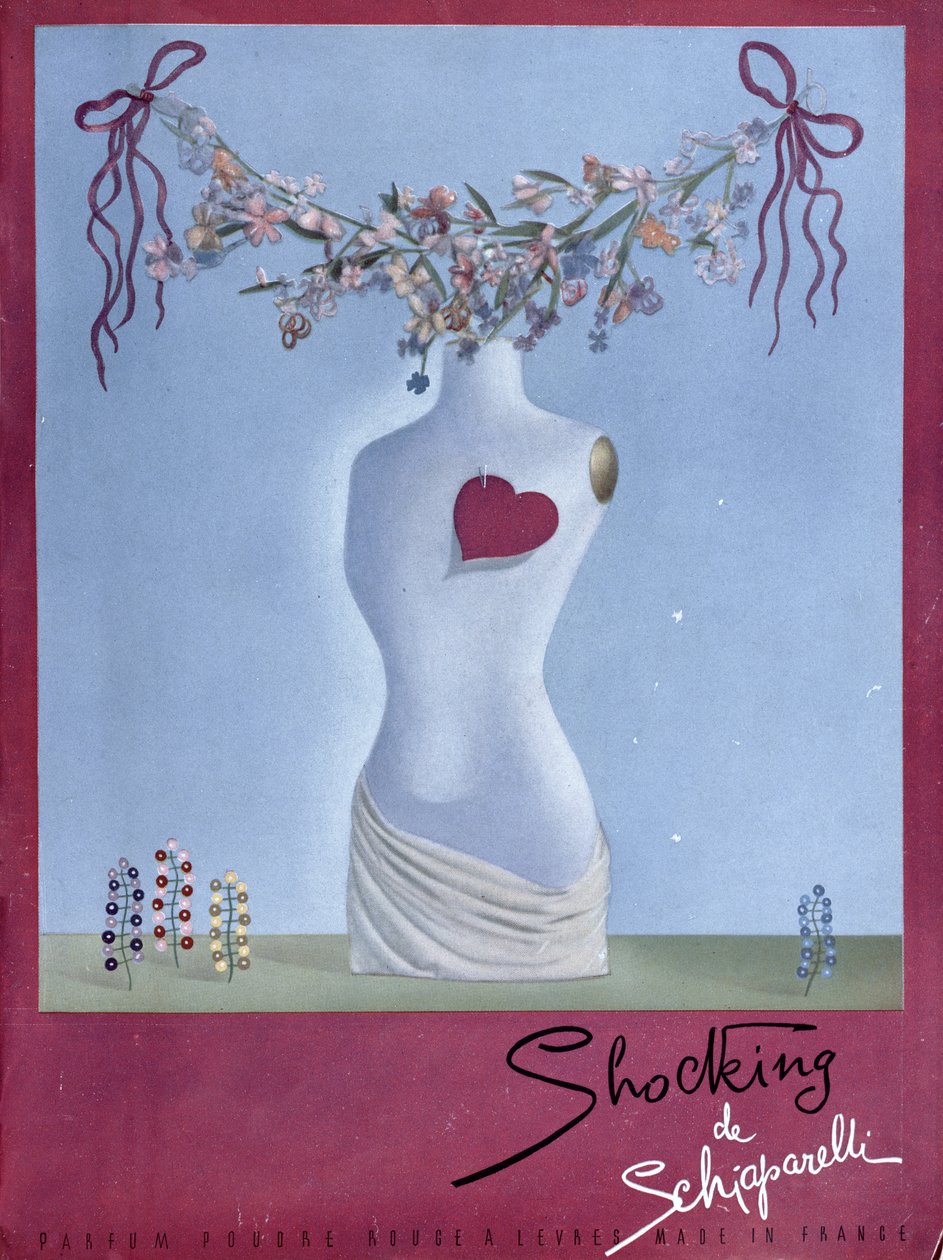 Anuncio del perfume "Shocking" de Schiaparelli, ilustración de la revista "Vogue", noviembre de 1938 (litografía en color) de French School