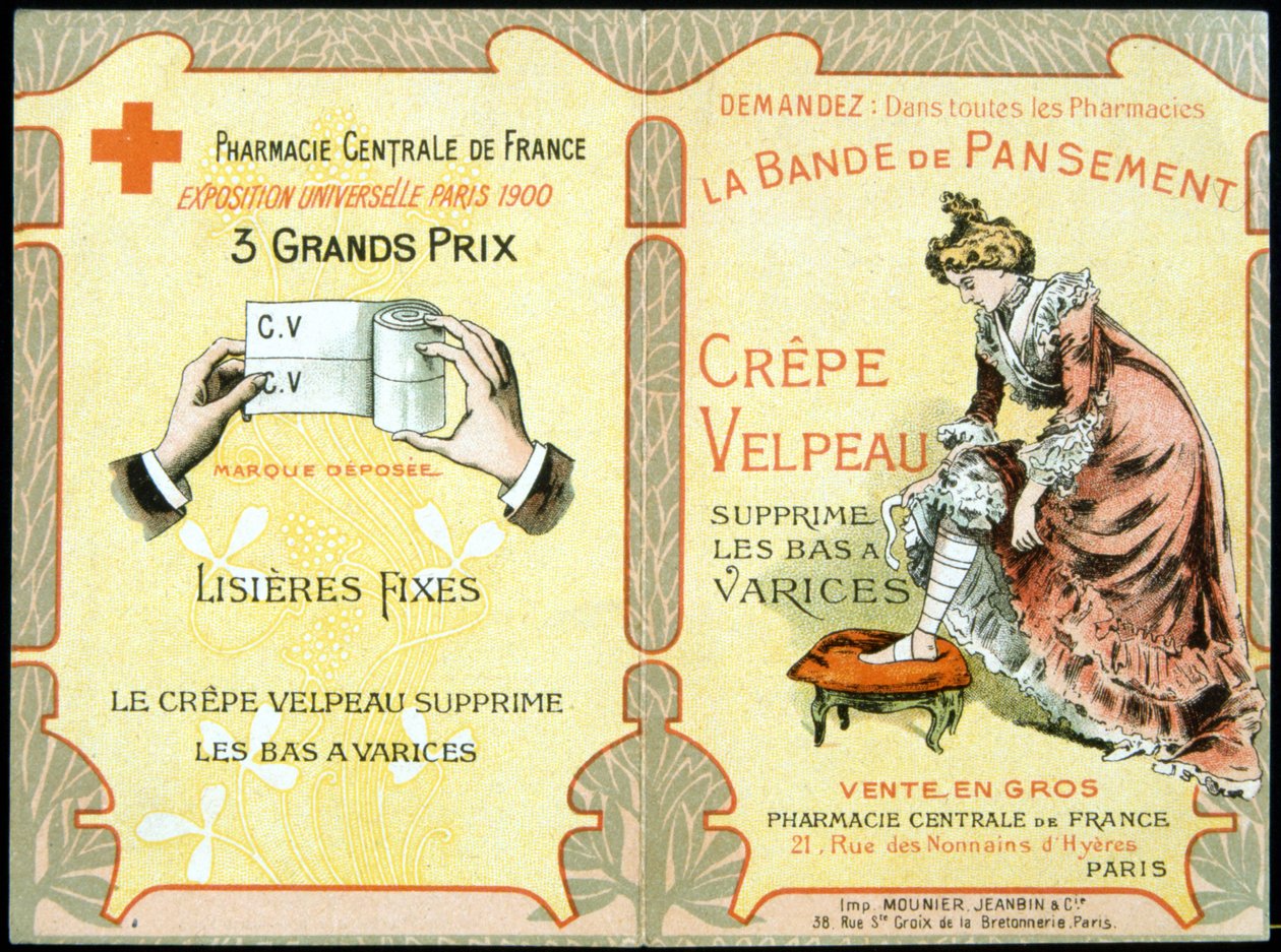 Tarjeta publicitaria de "El vendaje de crepé Velpeau elimina las medias varicosas". Sd. Siglo XIX de French School