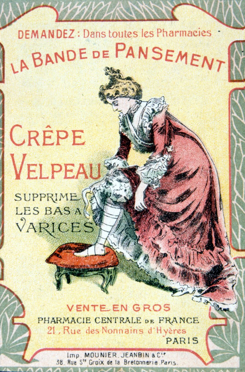 Tarjeta publicitaria de "The Velpeau Crepe Dressing Band quita medias varicosas". Sd. siglo XIX de French School