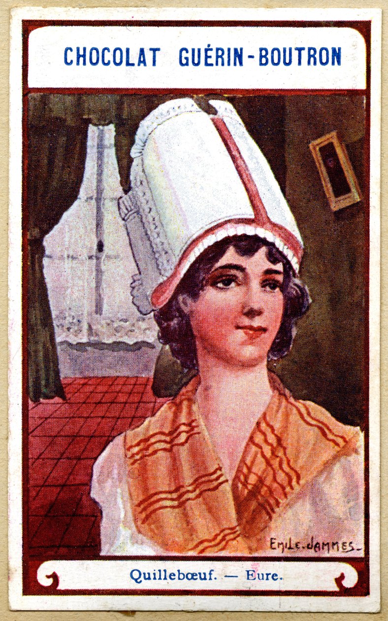 Cromolitografía publicitaria de chocolates Guerin Boutron, los tocados de las regiones de Francia, Quillebœuf, Eure, ilustración de Emile Jammes de French School