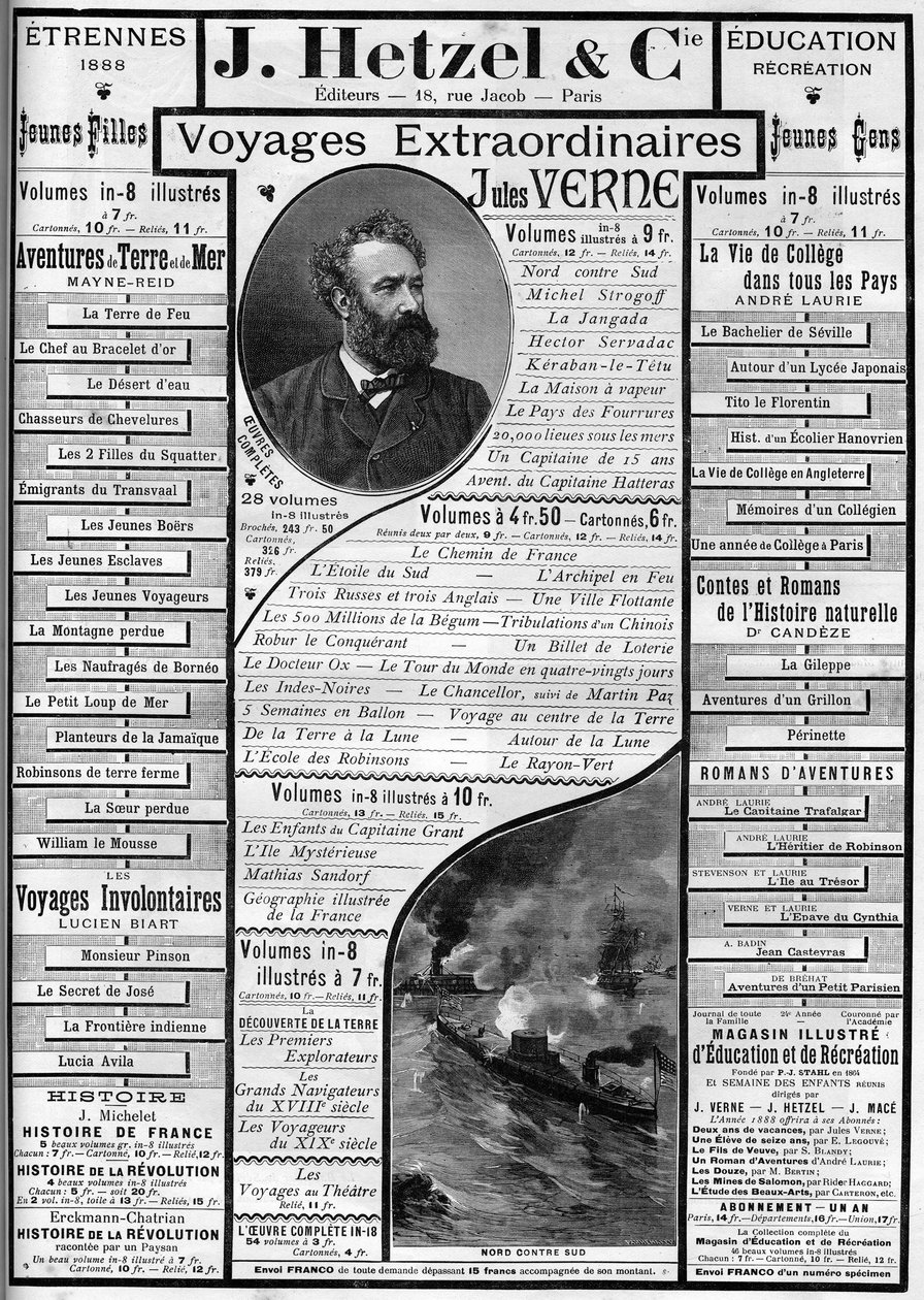 Publicidad para las novelas de Jules Verne acercándose al final del año 1887, editor J. Hetzel. de French School