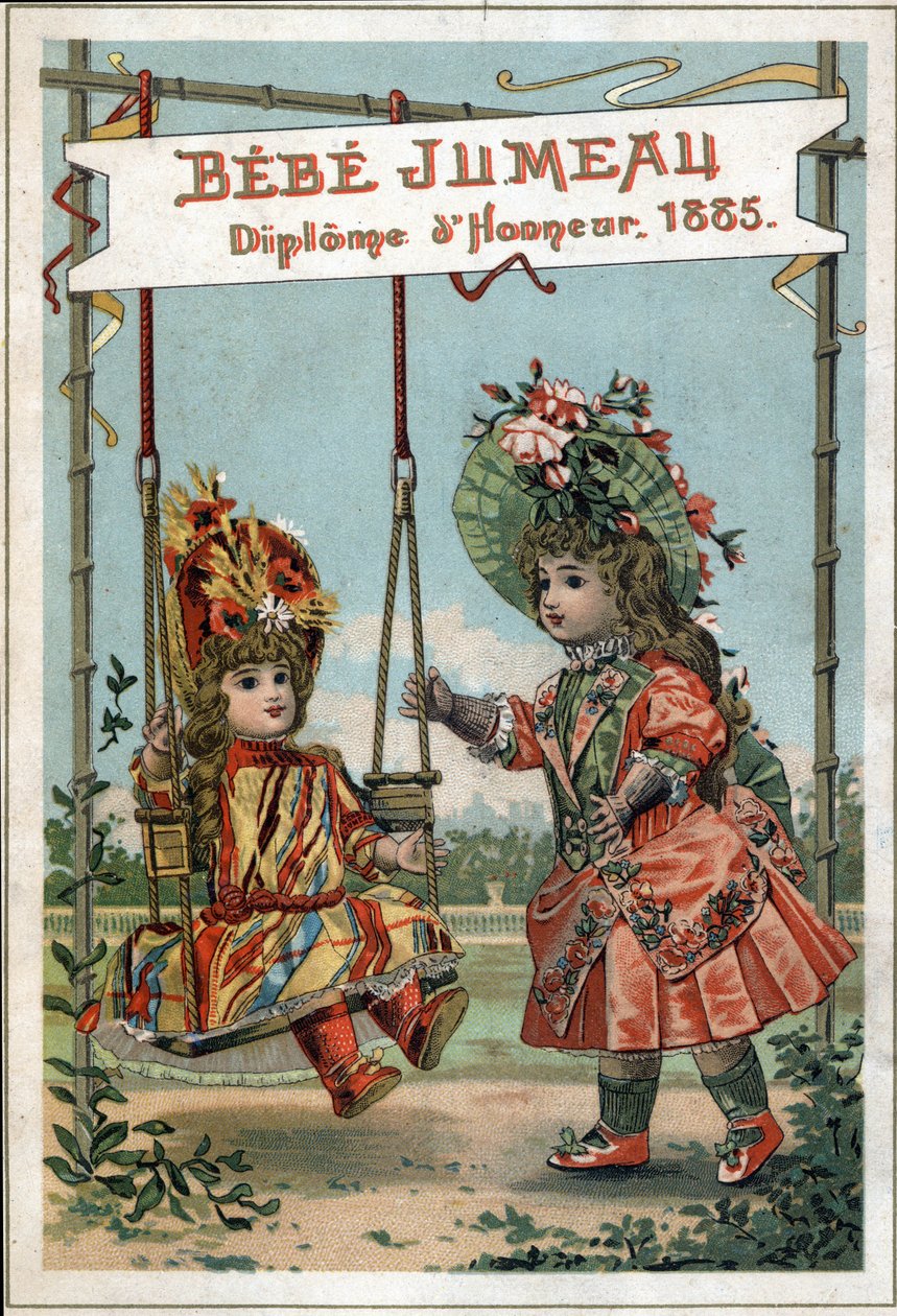 Publicidad de muñecas gemelas en 1885 de la Casa Gemela. (Primera fábrica del mundo para la fabricación de Beaux Bebes). de French School
