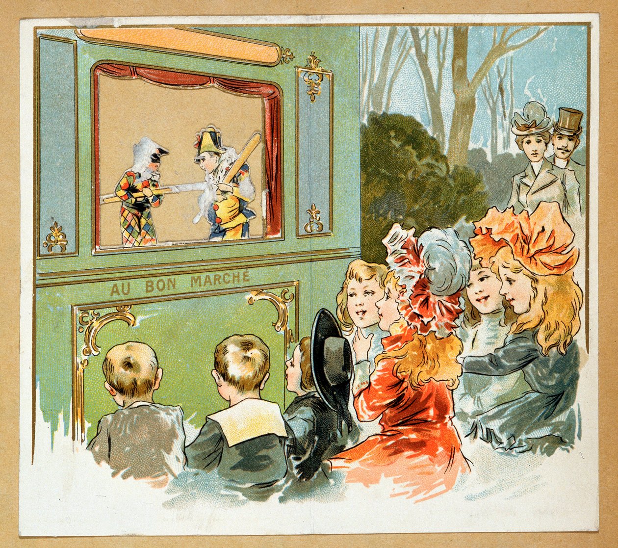 Publicidad de los grandes almacenes "Le Bon marche" que representa a un grupo de niños viendo un espectáculo de coños, siglo XX (litografía) de French School